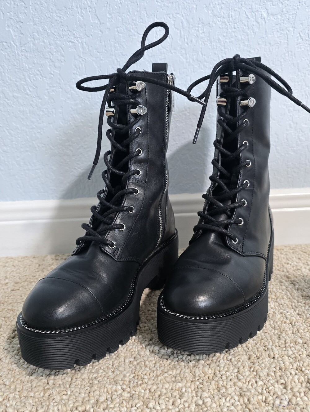Michael Kors Bryce Black Leather Platform Lace-Up Combat Boot